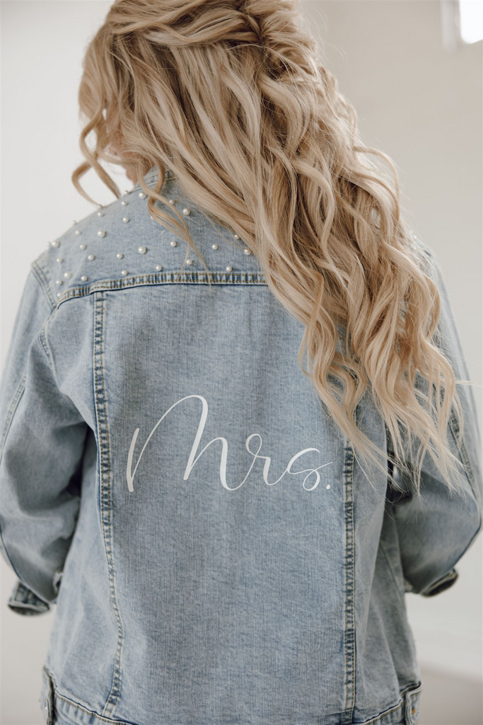 bride, bridal custom denim jacket, denim jacket with pearls, bride gift, wedding gift