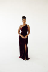 merlot velvet one shoulder bridesmaid dress, elegant dress, floor length dress, stretchy and comfortable