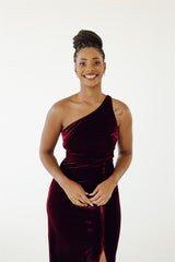 merlot velvet one shoulder bridesmaid dress, elegant dress, floor length dress, stretchy and comfortable
