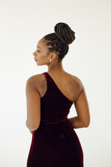 merlot velvet one shoulder bridesmaid dress, elegant dress, floor length dress, stretchy and comfortable
