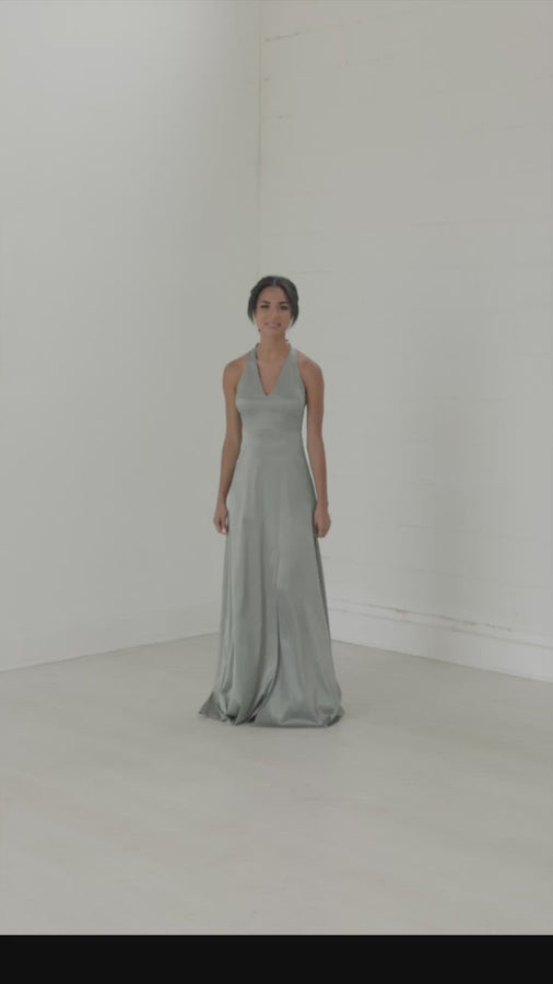 Halter bridesmaid dress, long gown, bridesmaid dresses, comfortable, built-in bra, luxe fabric, sage green