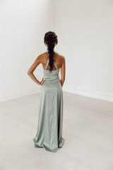 Halter bridesmaid dress, long gown, bridesmaid dresses, comfortable, built-in bra, luxe fabric, sage green