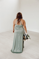 Halter bridesmaid dress, long gown, bridesmaid dresses, comfortable, built-in bra, luxe fabric, sage green