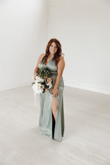 Halter bridesmaid dress, long gown, bridesmaid dresses, comfortable, built-in bra, luxe fabric, sage green, plus size