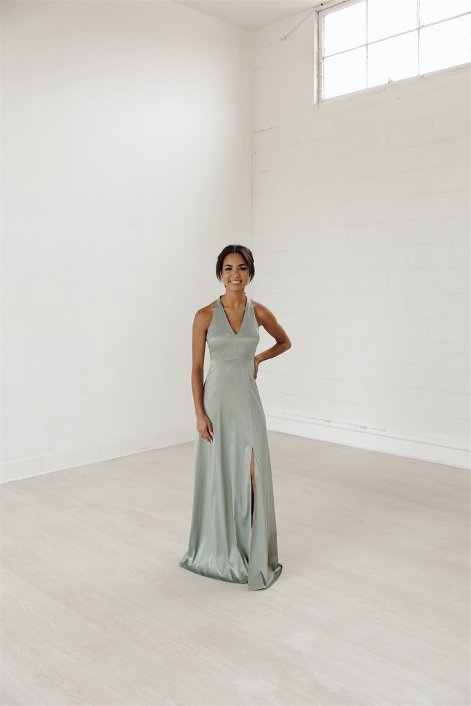 Halter bridesmaid dress, long gown, bridesmaid dresses, comfortable, built-in bra, luxe fabric, sage green
