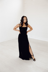 Reese black velvet dress, comfortable and stretchy, bridesmaid dress, black tie event, winter wedding, elegant floor length dress